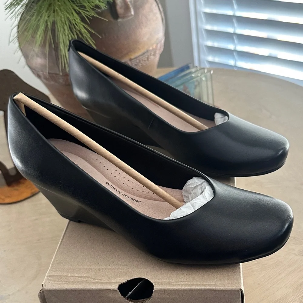 Clarks Black Leather Wedge Shoes